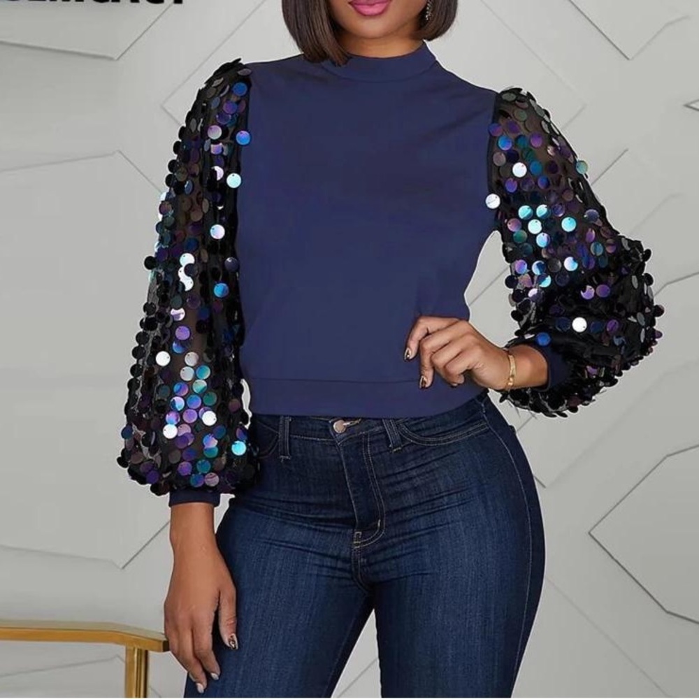 Blue Top with Sequin Sleeves